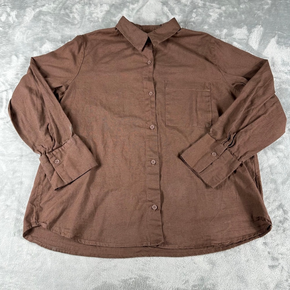 H&M Divided Button Down Shirt Womens Small Brown Cotton Linen Minimalist